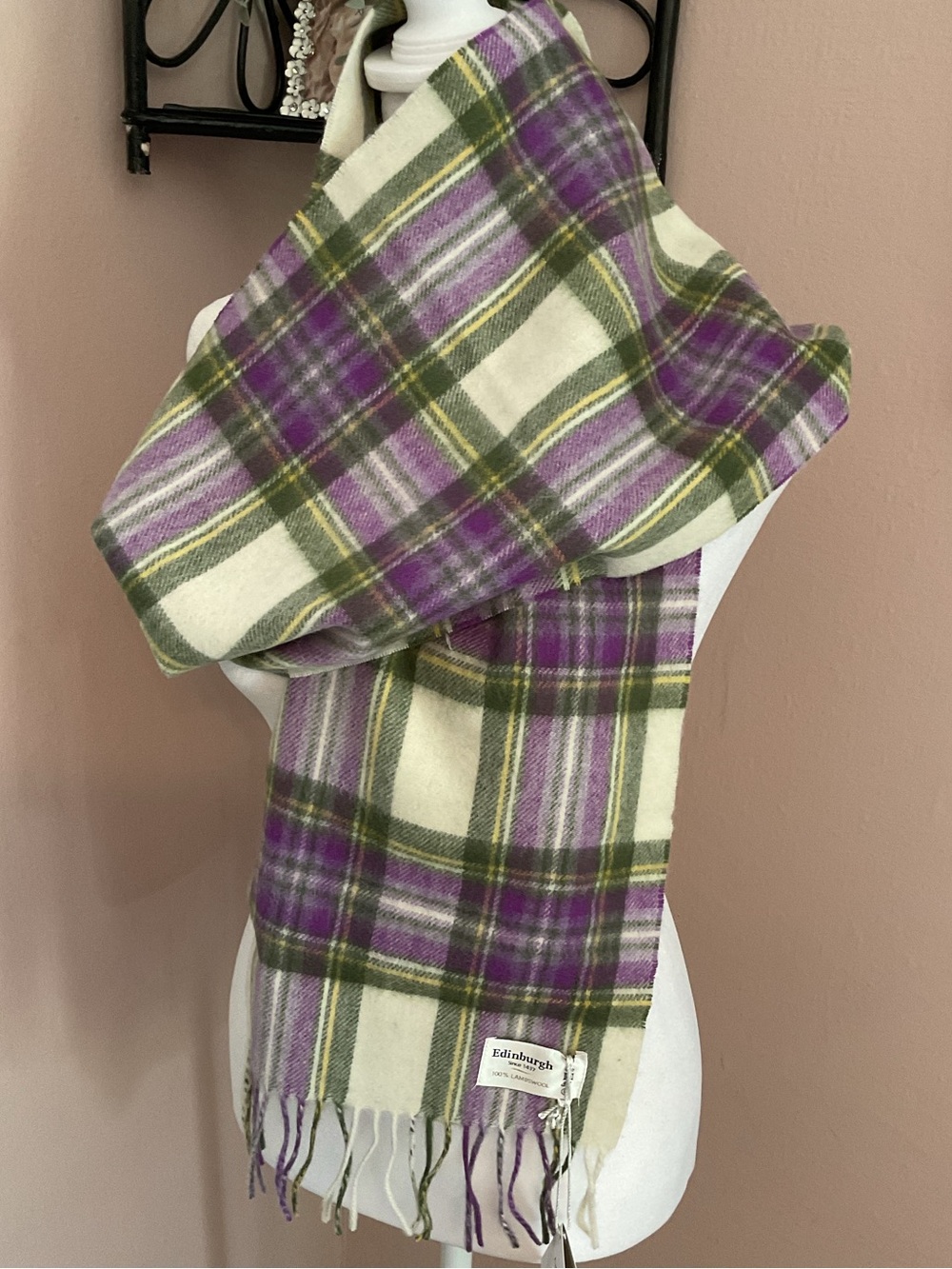Edinburgh Plaid Wool Scarf in Purple & Cream lambswool soft cozy classic luxury